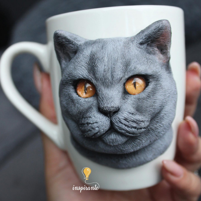 Handmade polymer clay German Spitz mug, hyper-realistic fur texture and face details