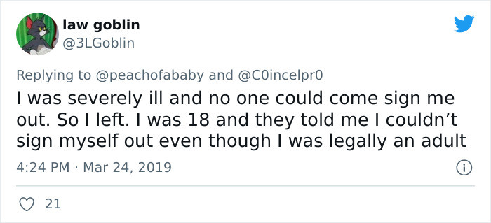 28. I'm 18, but I can't sign myself out.