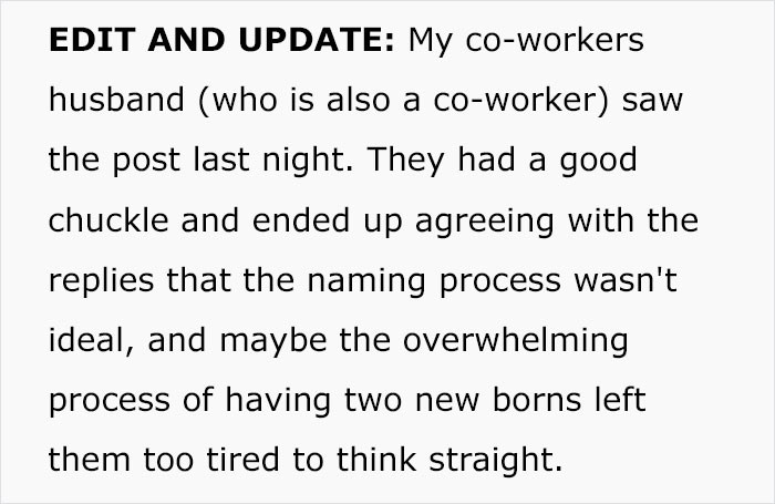 OP’s coworkers decided to change one of the names.