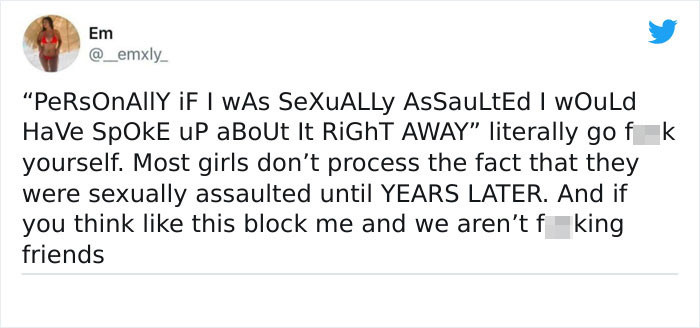 And again, this is a result of generations of sexism and patriarchy, alright? Don't they dare say it's the girl's fault.