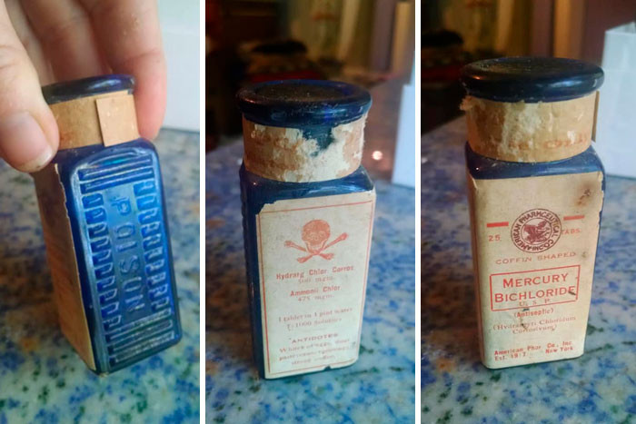 A person found an antique unopened bottle of poison, and the pills are shaped like coffins—how creative!