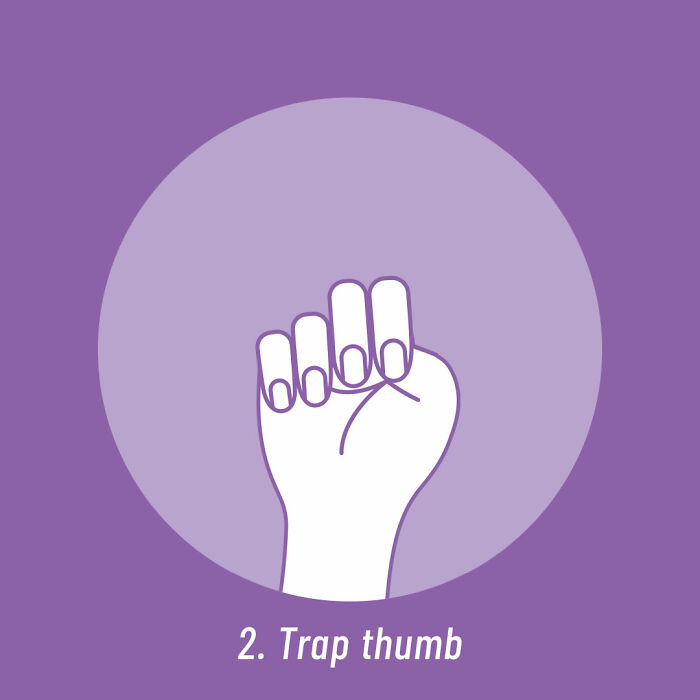 The sign is actually very simple, but distinctive enough that it can be subtly done. The gesture starts with facing your palm towards the other person, then you tuck you thumb inwards your palm, and fold your other four fingers to cover it.