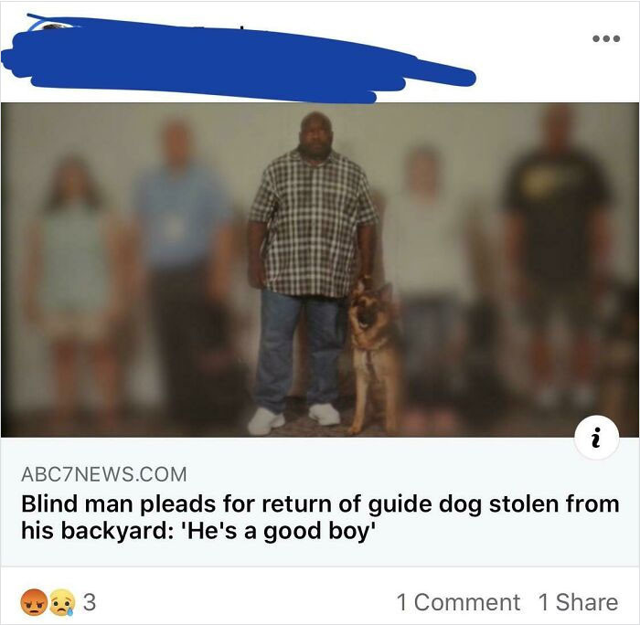 23. His only way of navigating around is his guide dog, and that canine was stolen from him.