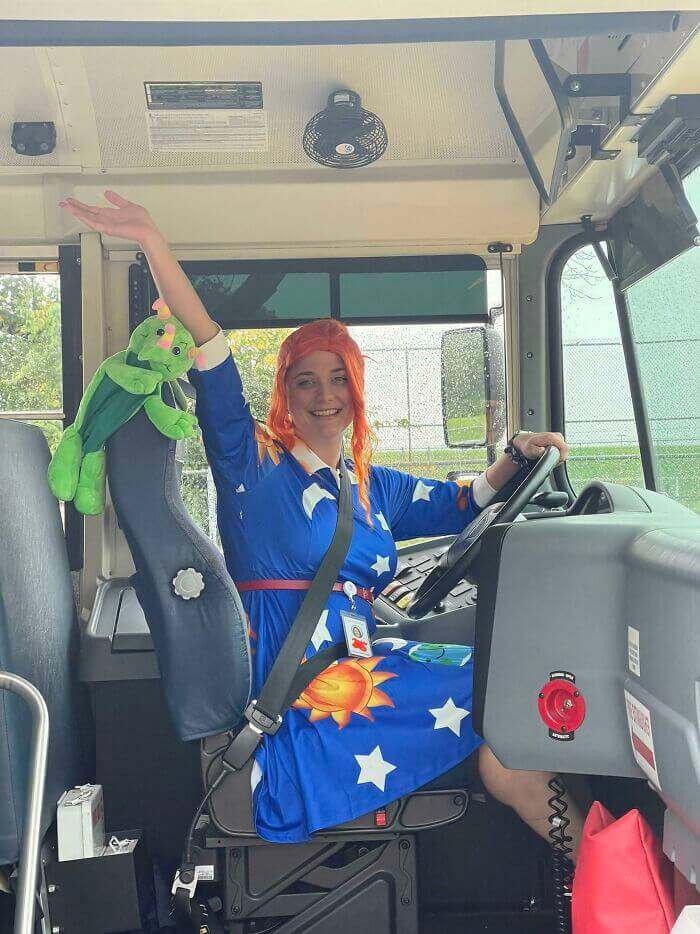 4. My wife who is a school bus driver dressed up as Ms. Fizzle for halloween