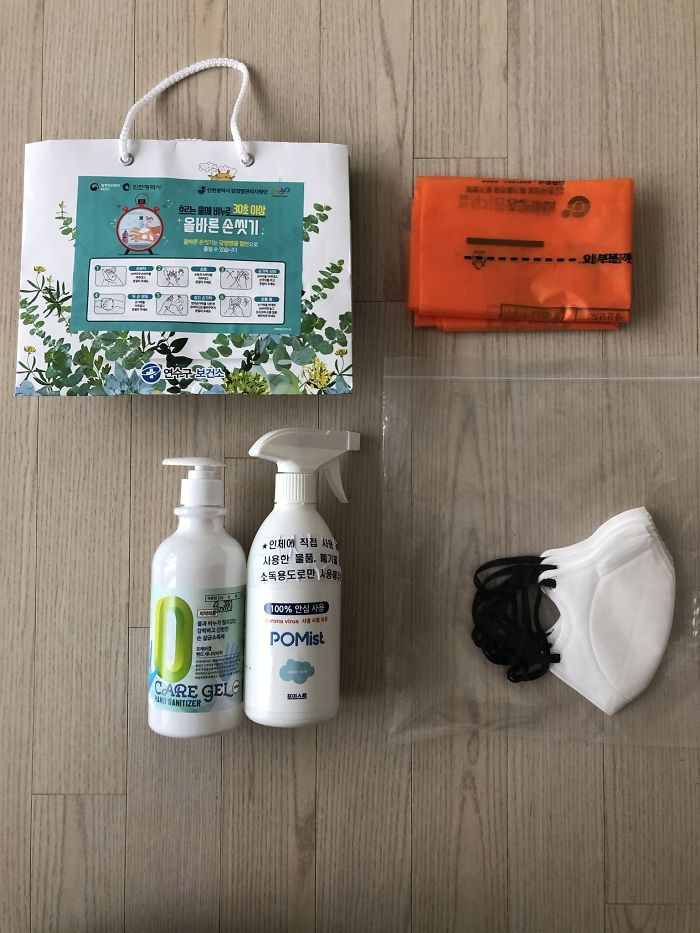 The package included hygiene essentials like face masks and hand sanitizer.