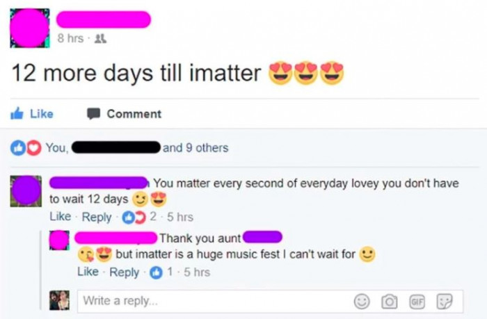 12. Oh, so sweet. Thanks, aunt.