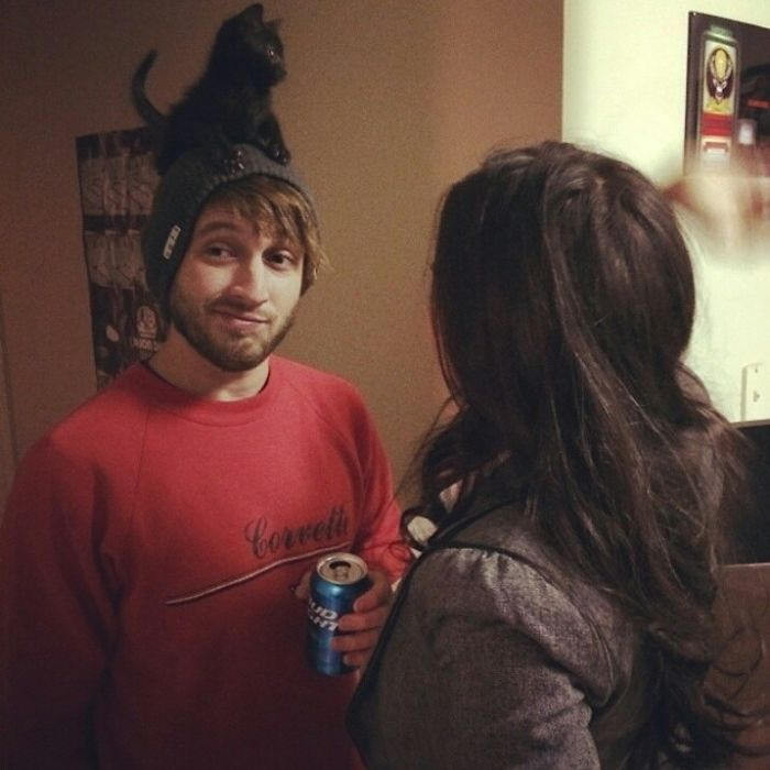 36. "My kitten has a weird obsession with sitting on my head, especially when I wear beanies."
