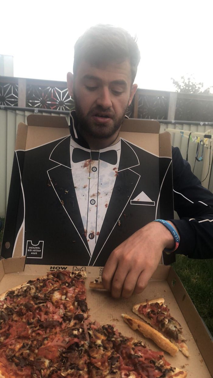 Pizza box folds out to be a tuxedo