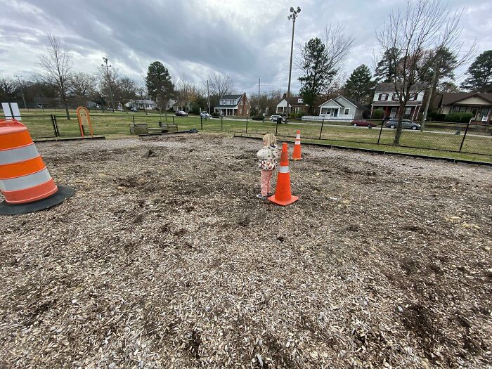 Kid walks to the playground only to discover it has been removed.
