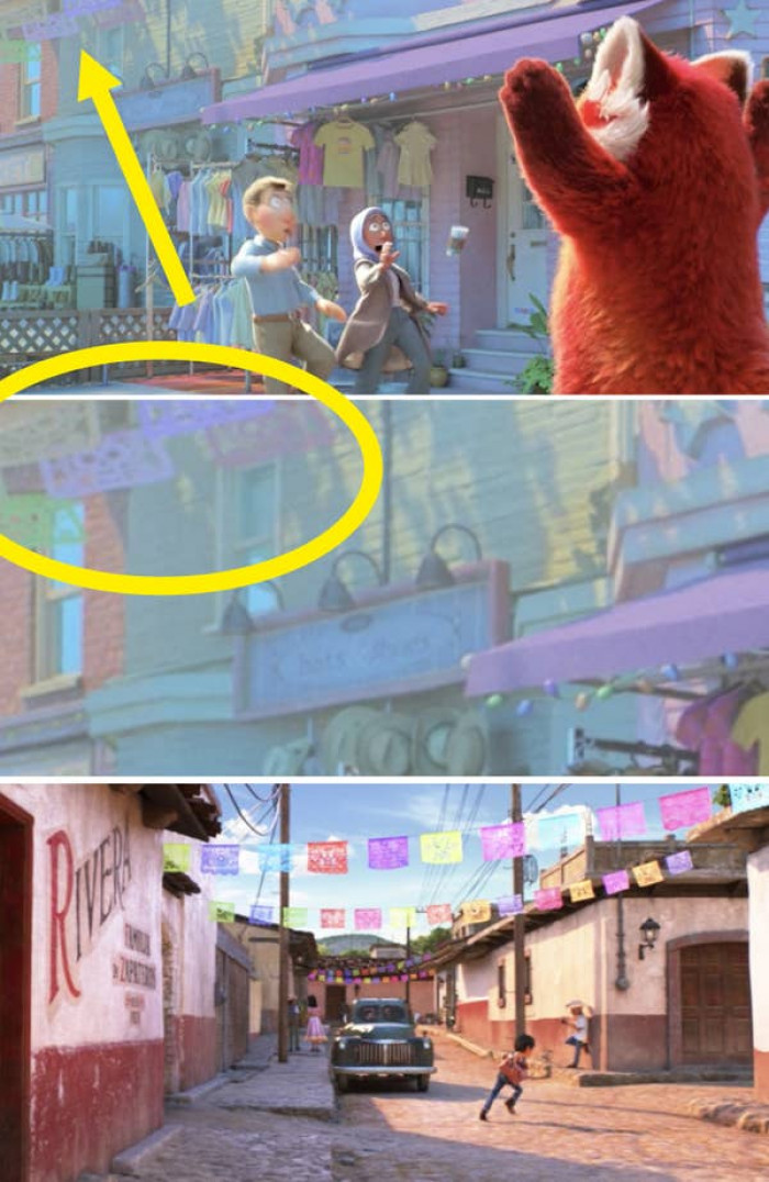16. Papel picado flags are hung from buildings in the city, a another reference to the film Coco