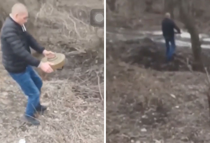 34. A Ukrainian man removed a landmine from the road with his bare hands in Berdyansk, Ukraine
