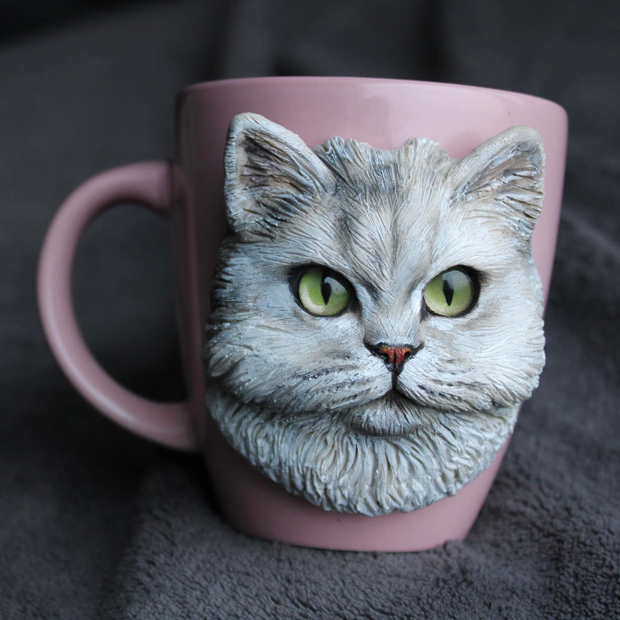Handmade polymer clay cat and Husky mugs, crafted with detailed fur and expressions