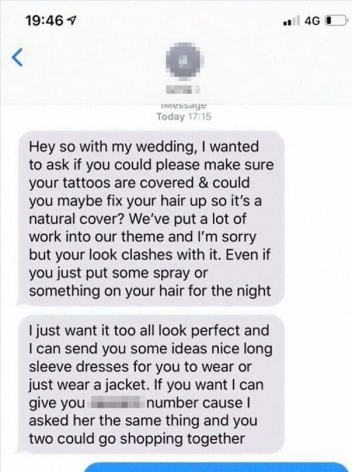 Don't be like this bridezilla who asks her friend to cover her tattoos and change her hair to match the wedding theme.