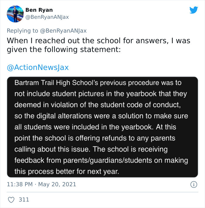 The high school issued a statement saying that the photos which were edited were in violation of the school's dress code.