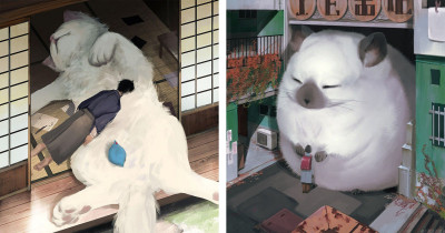 A Japanese Artist Painted A World Where Humans Coexist With Giant Animals And It's Adorable