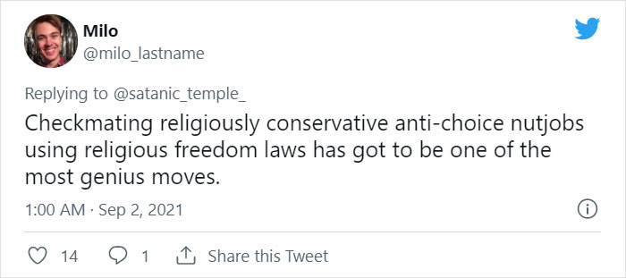 People are impressed by how the Satanic Temple found a loophole in the system by using the Religious Freedom laws.