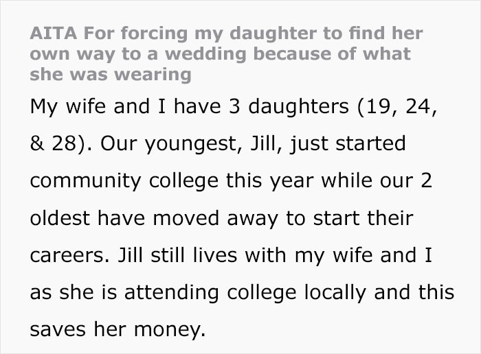 This father shared a disagreement he had with his daughter, who wanted to wear a strap top and leggings to her cousin's semi-formal wedding.
