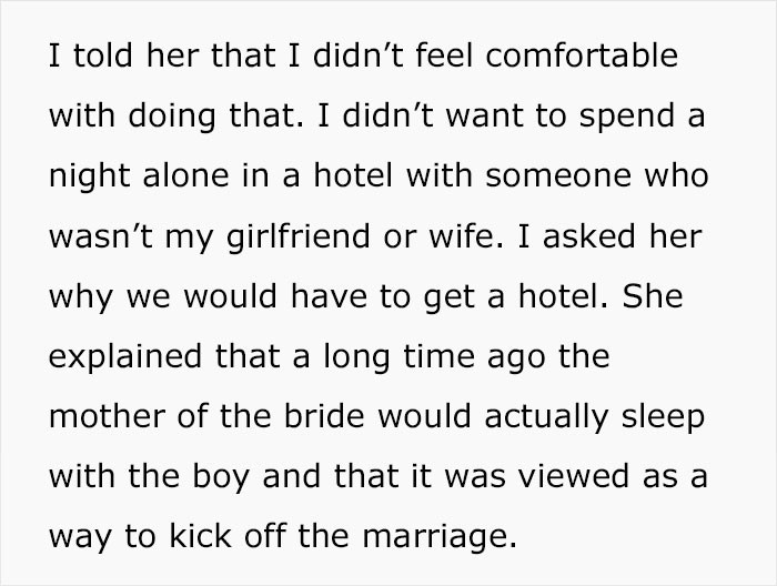 Sleeping with the bride's mother is a way to kick off the wedding? The groom should kick her out of his life.