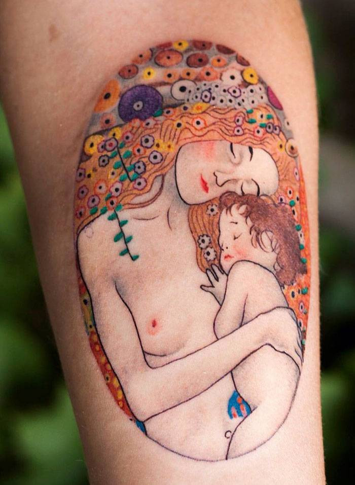 Simple, sweet Gustav Klimt tattoo design with elegant lines and charm