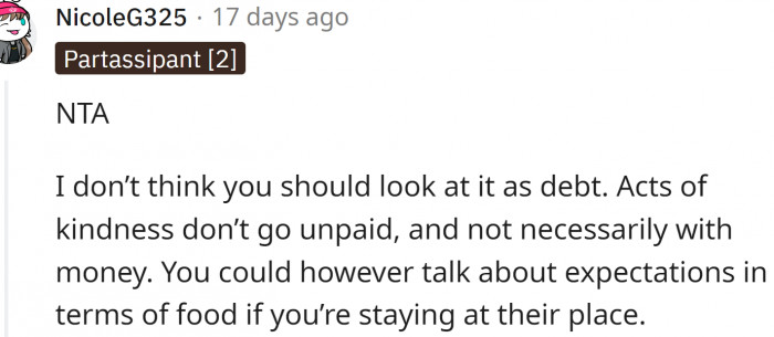 This Redditor believes OP shouldn't look at it as debt.