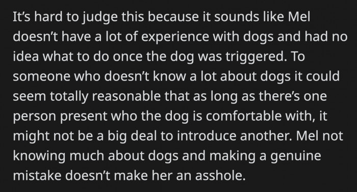 They said that Mel didn't seem like she had a lot of experience with anxious dogs based on OP's story.