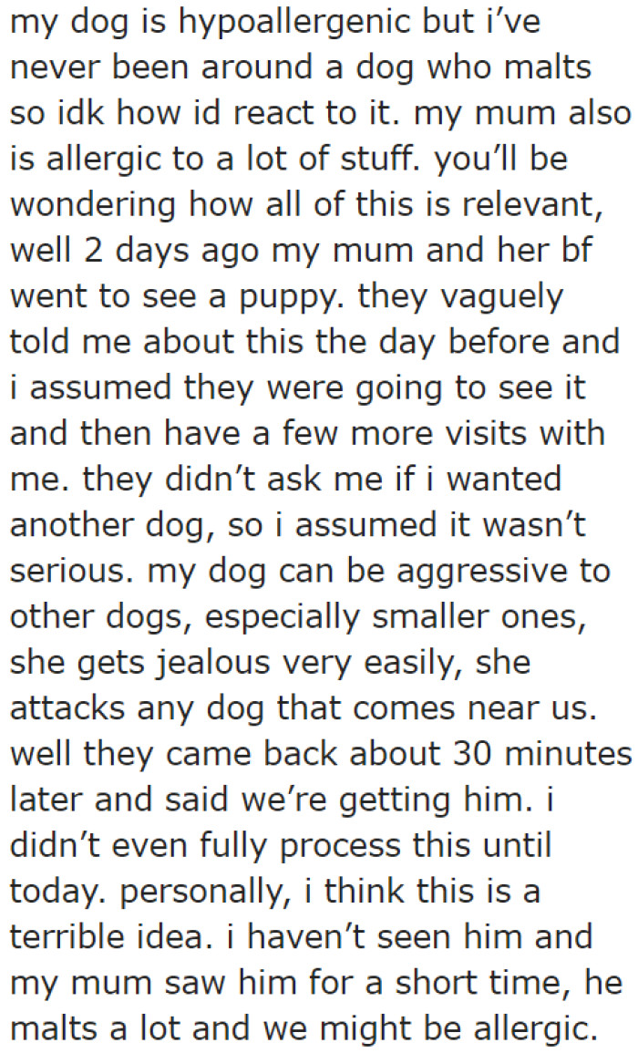 She thinks that she can't handle a dog that molts because of her allergies.