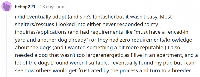This user eventually adopted, but in her opinion, the delay was due to the shelter/rescue and not from her end
