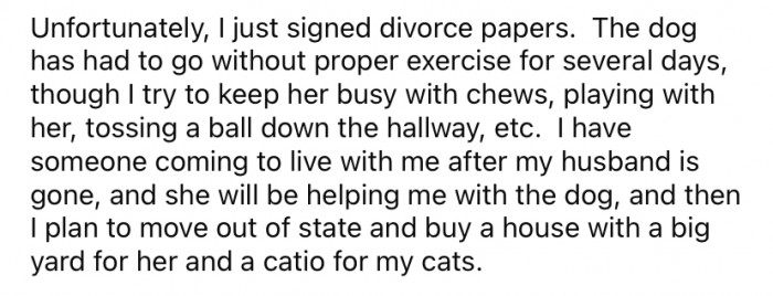 But now that OP's husband isn't around, the dog has been going without proper exercise.