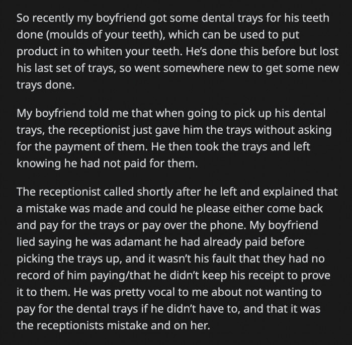 OP was bothered by how easily he lied. He didn't care that the receptionist can get in real trouble or lose her job. He wasn't losing cash over this since he would have had to pay anyway but he still lied.