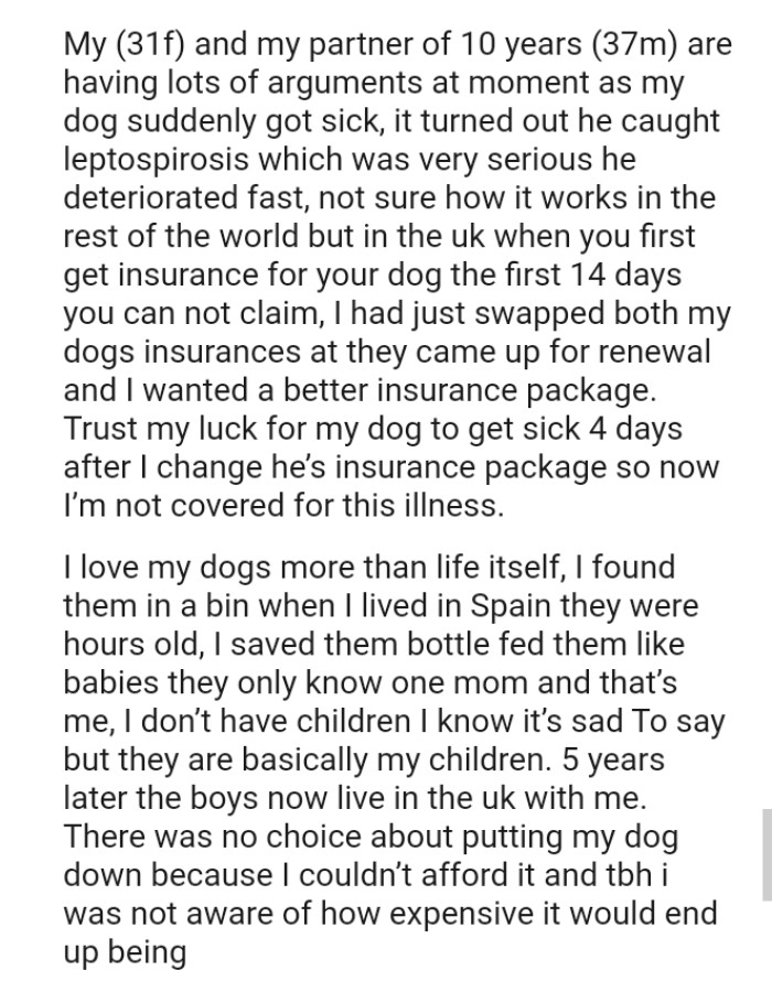 The OP had just swapped both dogs' insurances when they came up for renewal