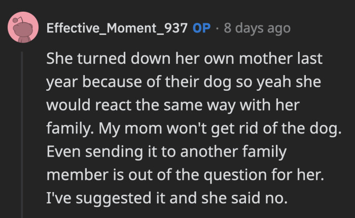 OP said his wife also turned away her own mother when she needed housing because of their dog