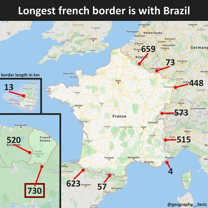 28. Longest French border is with Brazil