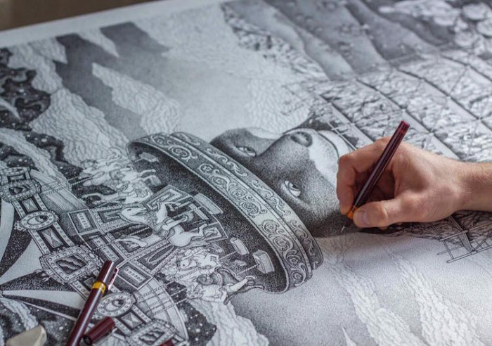 Each impressive stippled drawing is composed of millions of tiny hand-drawn dots and fine lines
