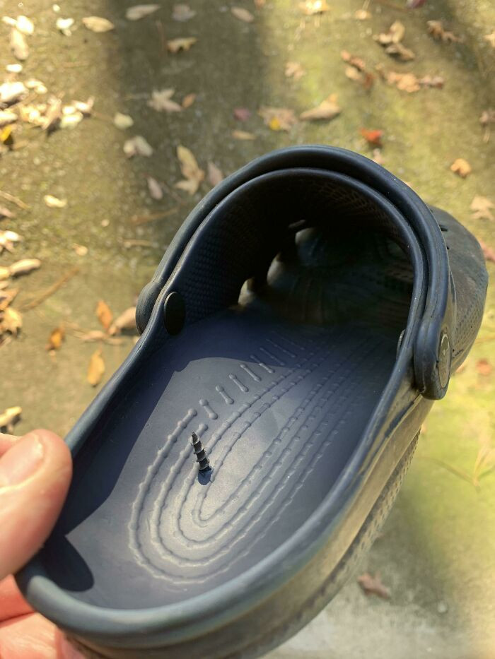 42. Yesterday, while I was repairing the garage door, my child was busy with their little workshop. I'm really relieved that I inspected my shoe before slipping it on.