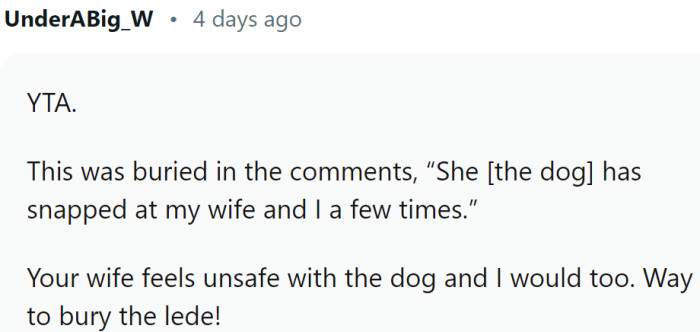 The wife feels unsafe, and it is not hard to understand why