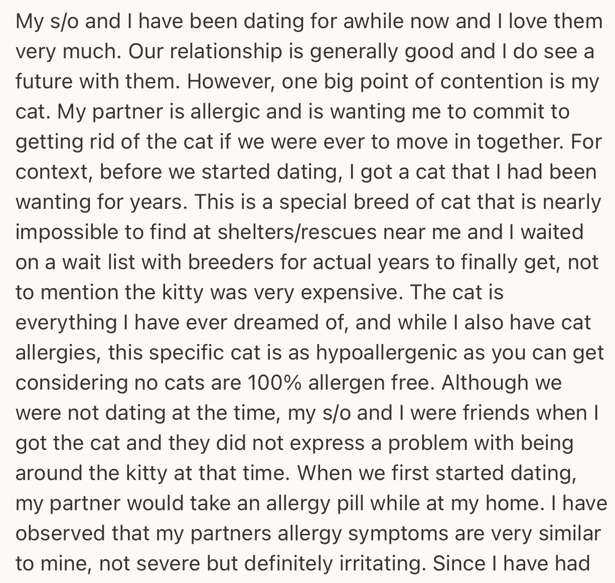 OP’s partner is allergic to cats and has asked them to get rid of their cat before they can move in together
