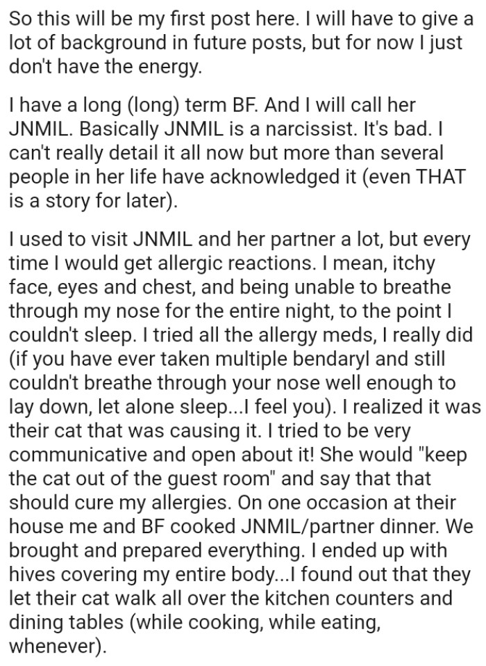The original poster can't really detail it all in the story but more than several people in her life have acknowledged her MIL as being a narcissist