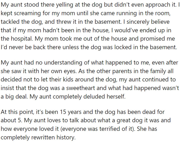 Fifteen years later, and she still won't admit the dog was dangerous. Yes, because it would mean she was a bad owner.