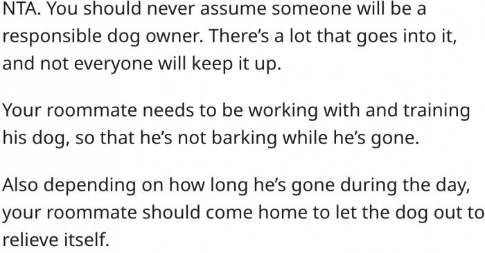 5. She made a mistake by assuming her roommate would be a responsible dog owner.