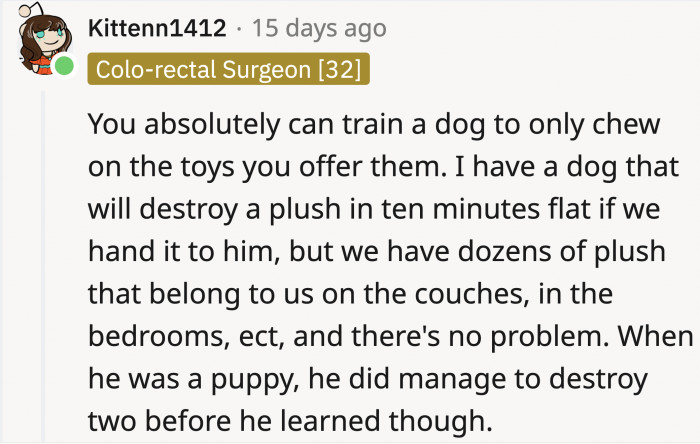 It is possible to train a dog not to ruin something or to refrain from interacting with an object unless given permission