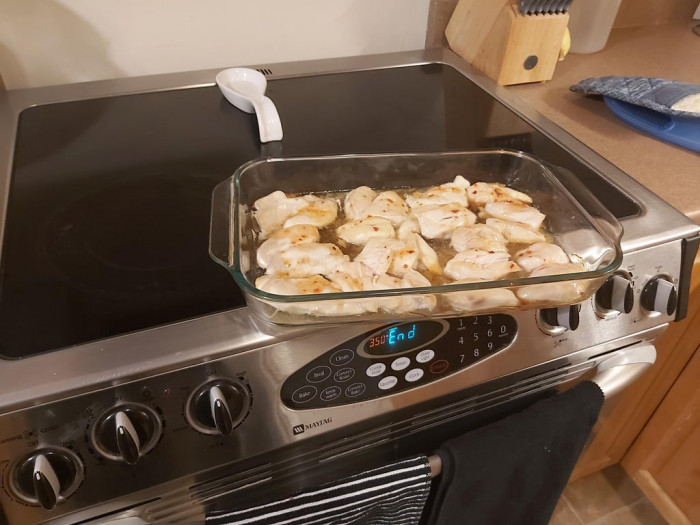 37. This is how my wife leaves a dish after taking it out if the oven and WALKS AWAY. We have children and a dog...