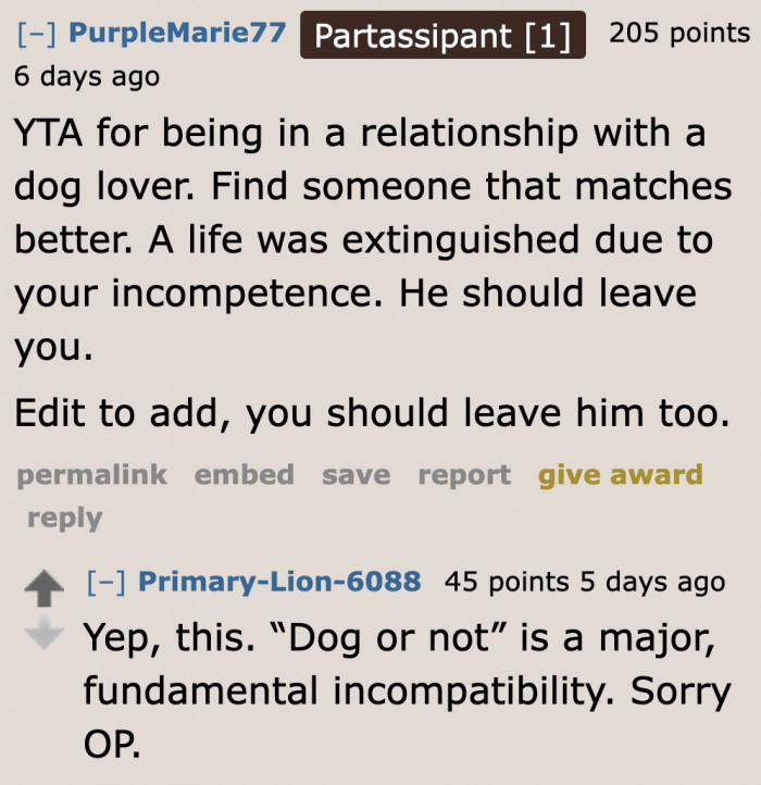 People are judging her for having a relationship with a dog owner.