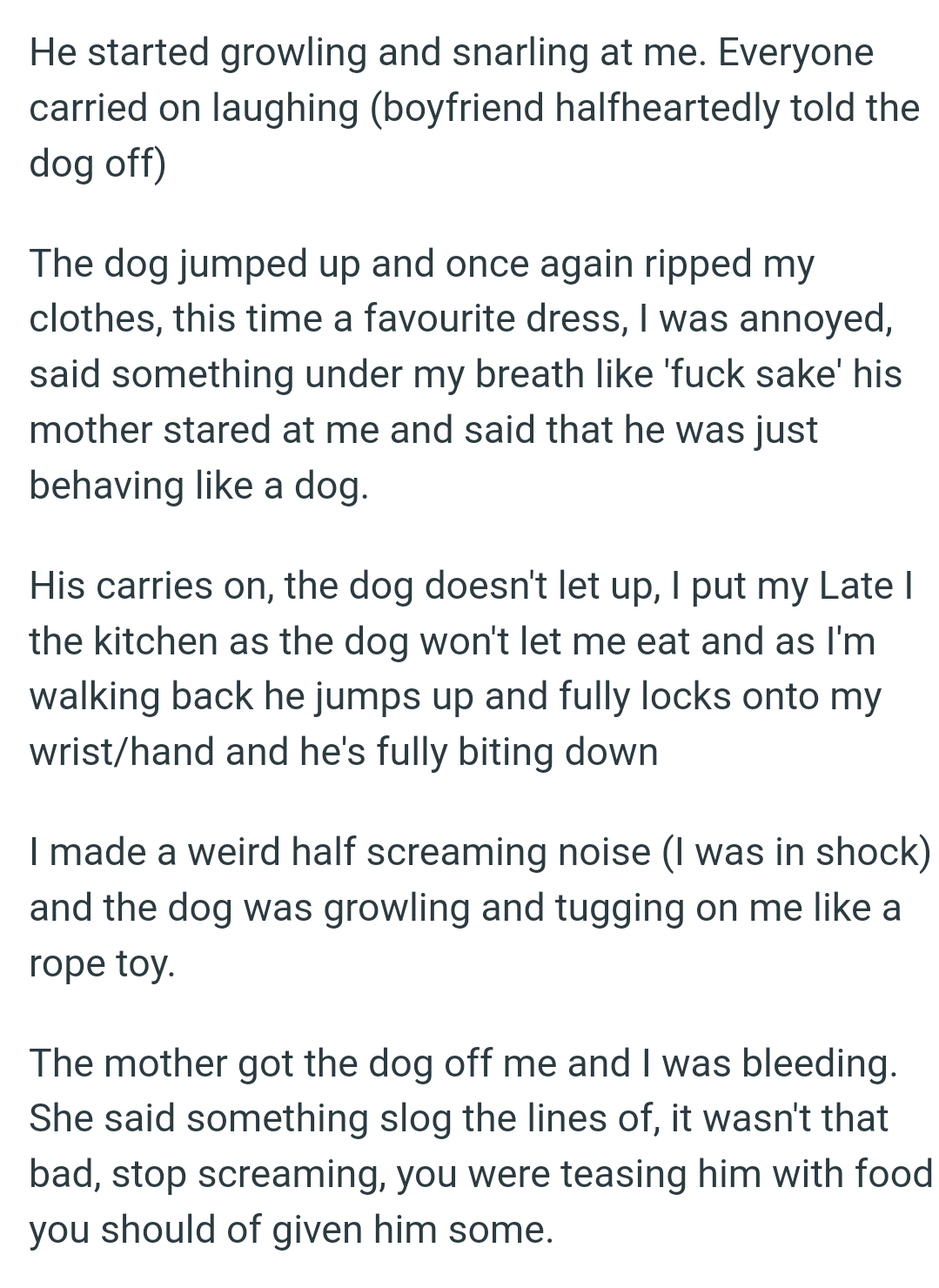 BF's mother stared at the OP and said that the dog was just behaving like a dog