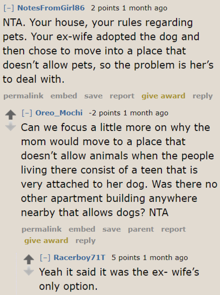 The ex-wife should have considered other options since the dog is primarily her responsibility. She can't just dump it on the OP.