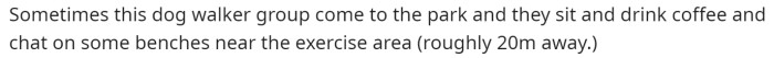 He mentions that some dog walkers come to the park and are usually near him while he's working out.
