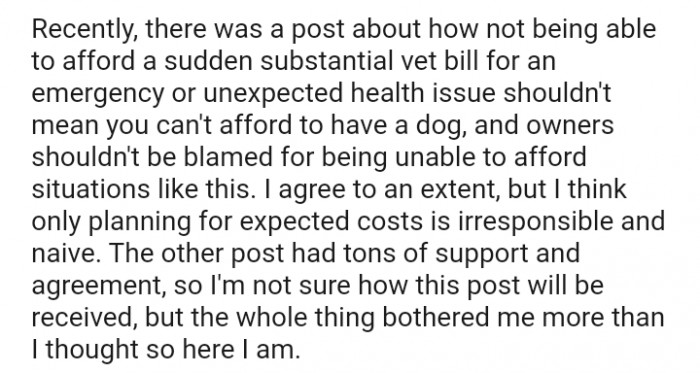Not being able to afford a substantial vet bill