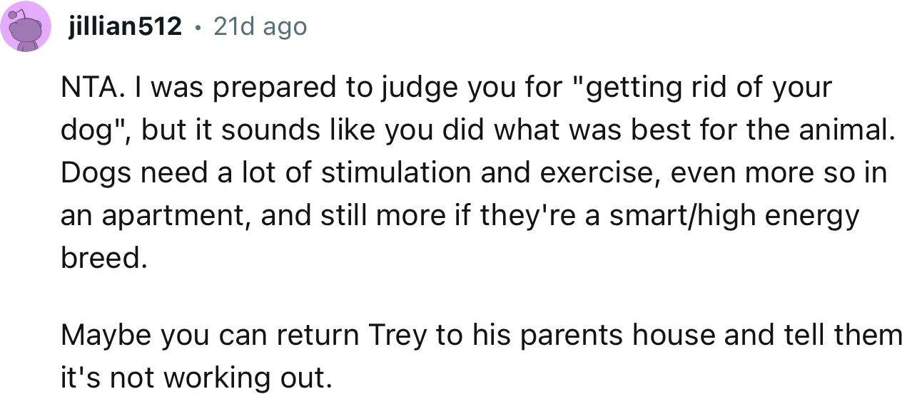 “NTA. I was prepared to judge you for ‘getting rid of your dog,’ but it sounds like you did what was best for the animal.”