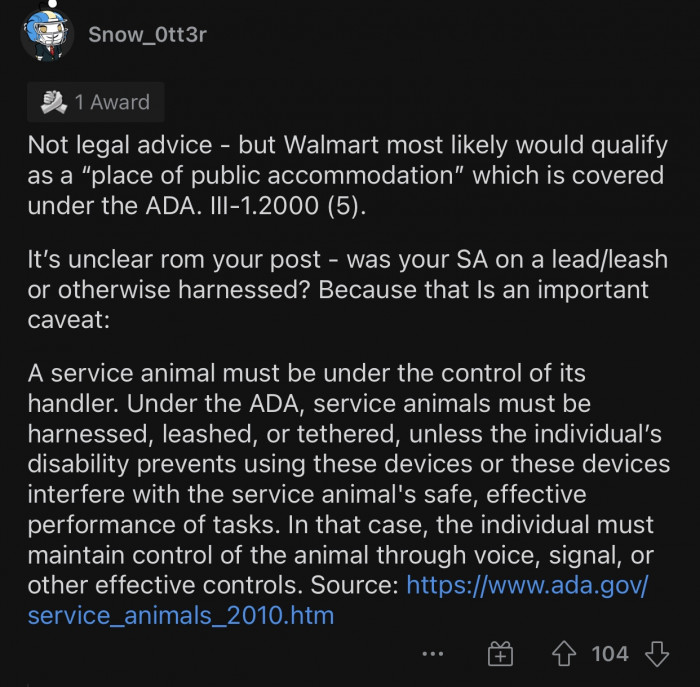 A service animal must be under the control of its handler.