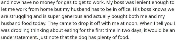 They have no food, and OP claims she hasn't eaten for two days