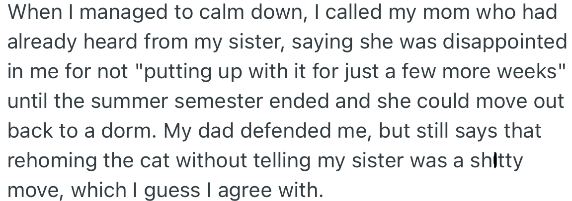 OP’s mom was disappointed in her for taking such action, while her dad understood her plight and sided with her.
